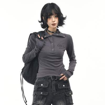 长袖美式辣妹半开翻领短款T恤女