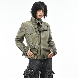 OV原创美式朋克风立领夹棉工装棉服女冬季铆钉做旧PU皮衣外套短款
