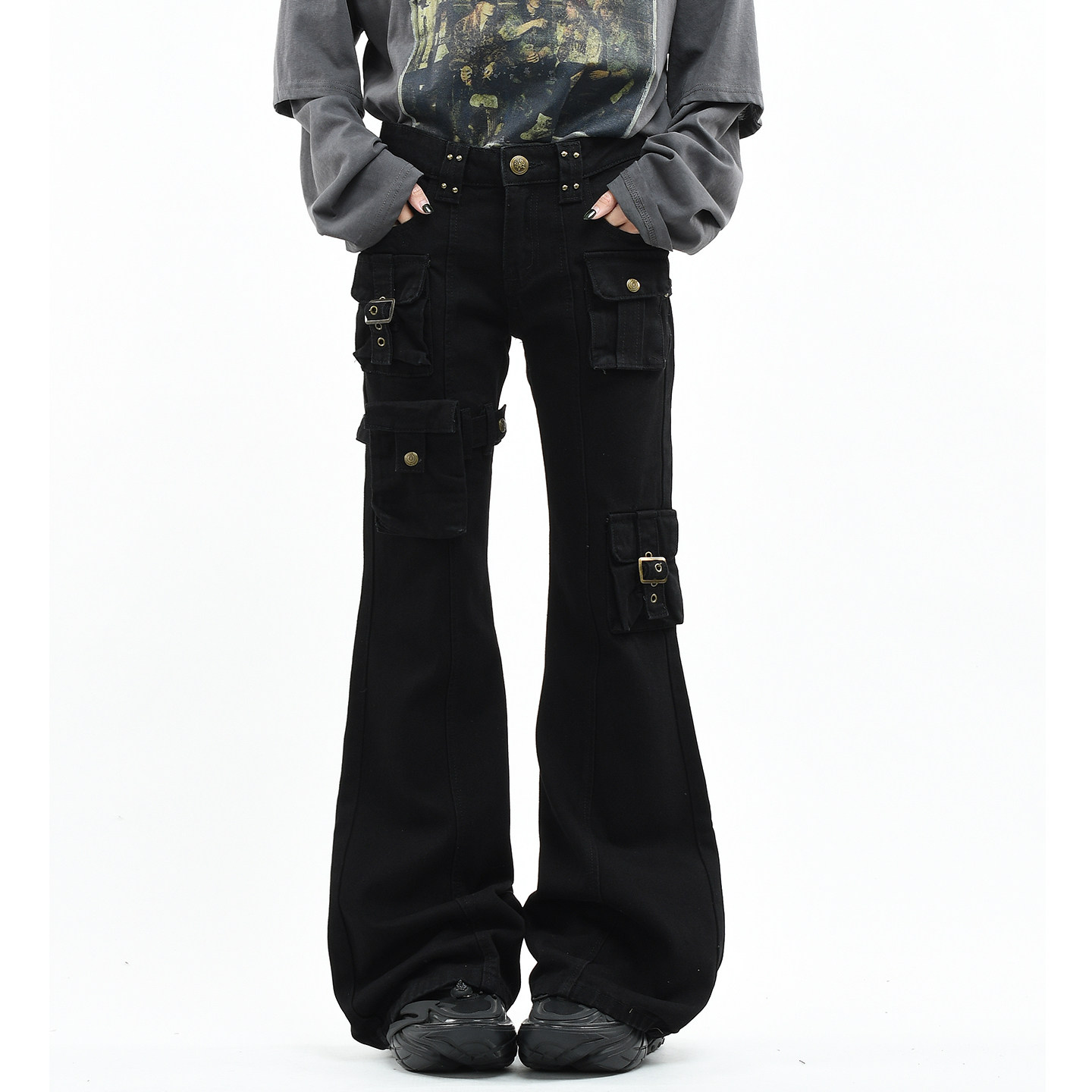 OV原创美式轻亚风铆钉多口袋微喇叭工装裤男女机能直筒显瘦牛仔裤,女装/女士精品,牛仔裤,淘宝优惠券,粉丝福利购,淘宝优惠卷