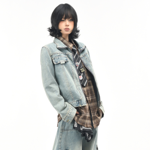 OV原创美式小众做旧水洗牛仔短款外套女秋季街头休闲立领夹克上衣