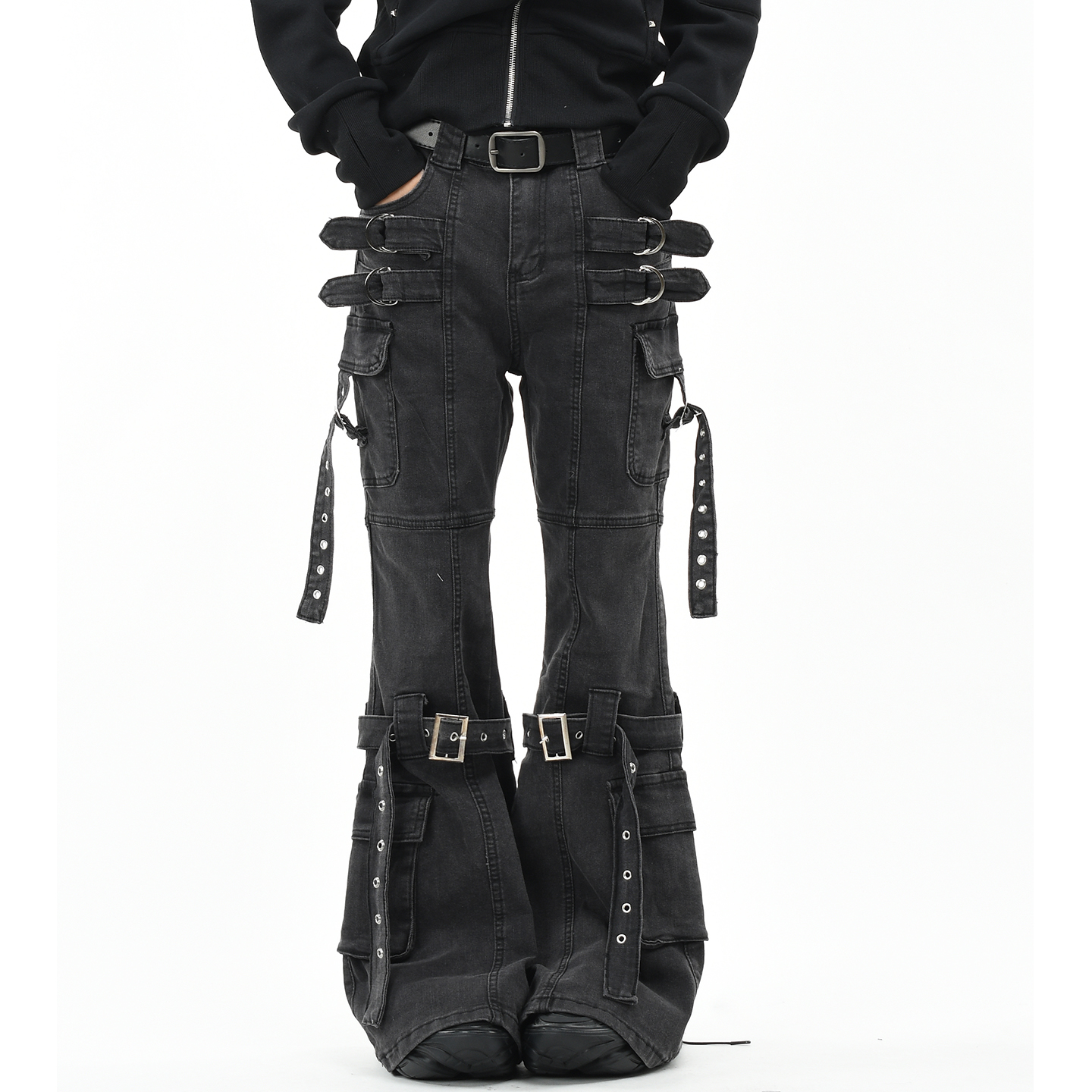 OV原创美式亚比风多口袋工装牛仔裤女街头宽松显瘦微喇叭长裤子男