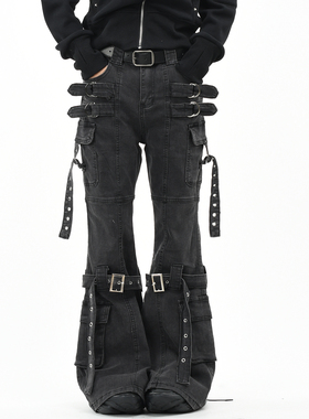 OV原创美式亚比风多口袋工装牛仔裤女街头宽松显瘦微喇叭长裤子男