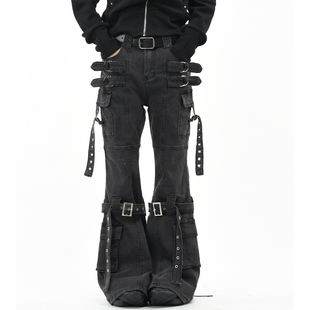 OV原创美式 牛仔裤 女街头宽松显瘦微喇叭长裤 子男 亚比风多口袋工装