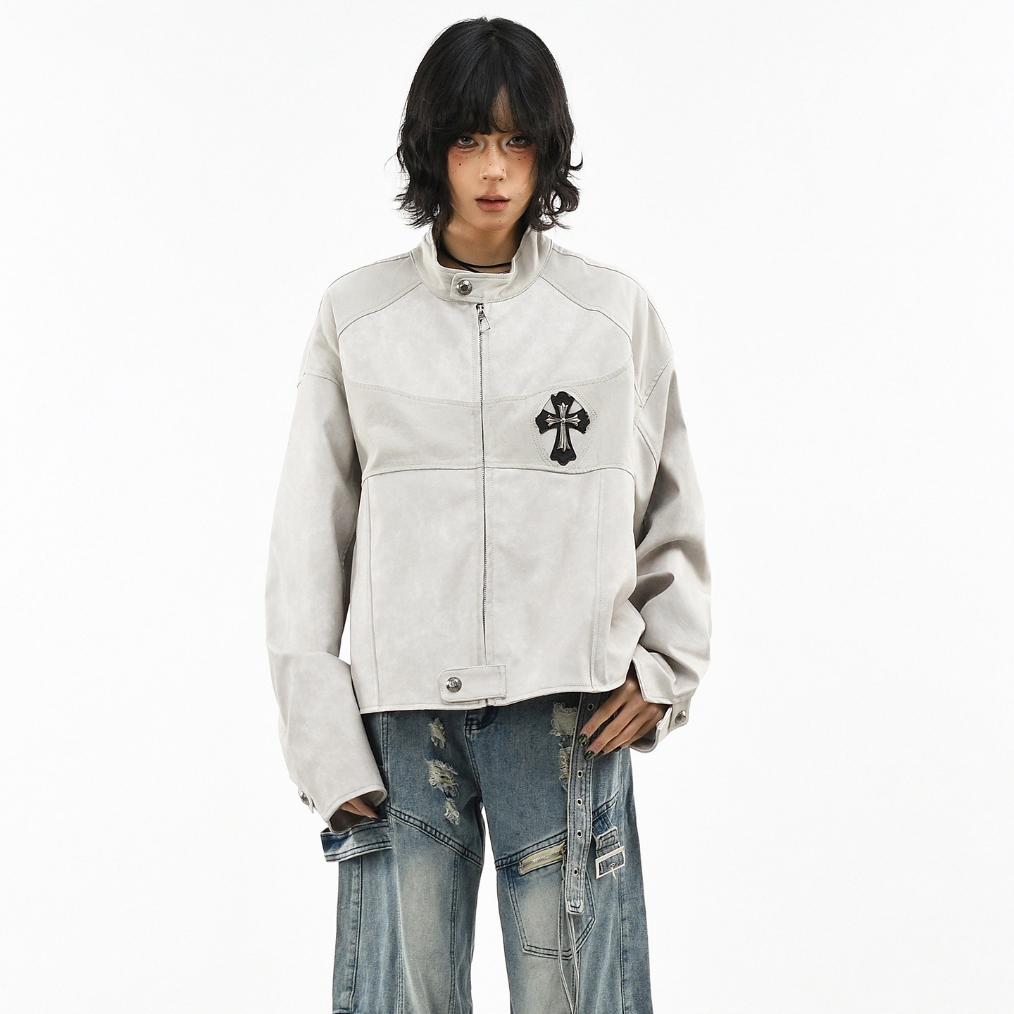 OV原创美式十字架金属扣PU皮衣外套女春季解构宽松短款机车夹克潮,女装/女士精品,短外套,淘宝优惠券,粉丝福利购,淘宝优惠卷