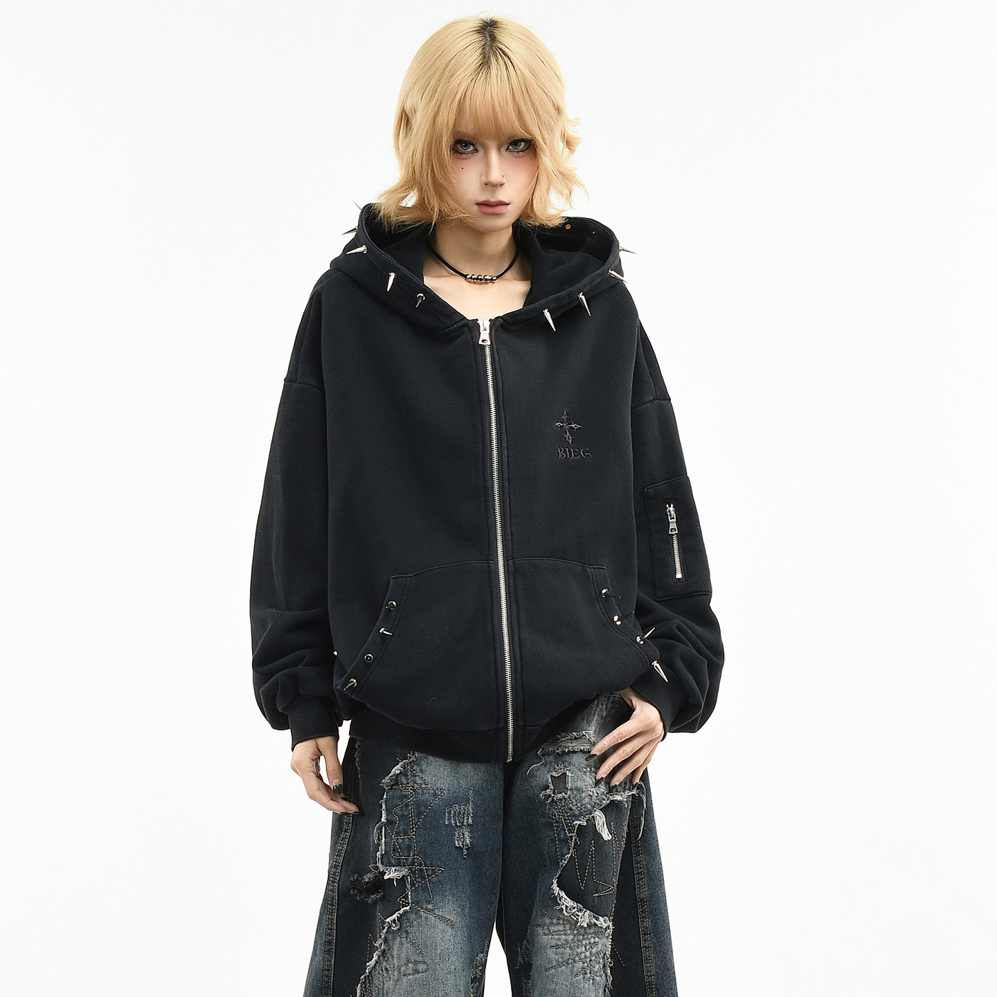 OV原创街头亚文化铆钉设计做旧水洗连帽卫衣女春季宽松开衫外套男