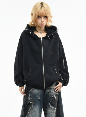 OV原创街头亚文化铆钉设计做旧水洗连帽卫衣女春季宽松开衫外套男