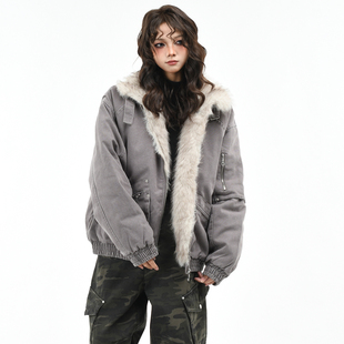 OV原创美式复古做旧水洗座山雕棉服外套女冬季宽松哈灵顿保暖棉衣