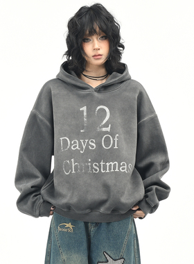 OV原创美式哈苏特做旧染色连帽卫衣女秋季街头宽松休闲短款上衣潮