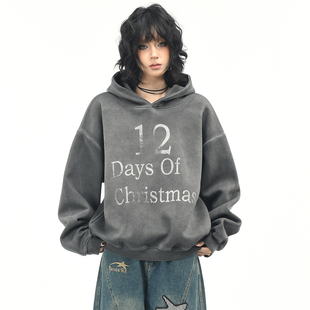 上衣潮 街头宽松休闲短款 OV原创美式 哈苏特做旧染色连帽卫衣女春季