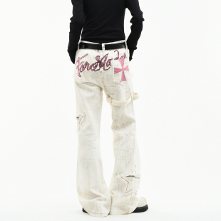 直筒休闲裤 OV原创街头亚文化做旧脏染绑带微喇叭长裤 男女小众修身