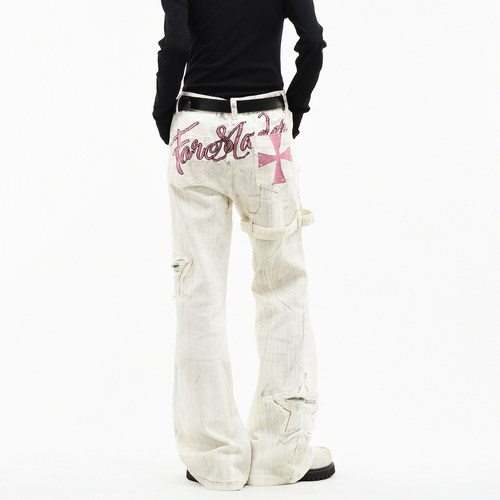 原创亚文化脏染绑带微喇叭长裤潮