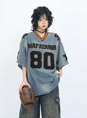 OV原创美式植绒刺绣水洗做旧牛仔短袖T恤男女宽松复古V领棒球衣潮