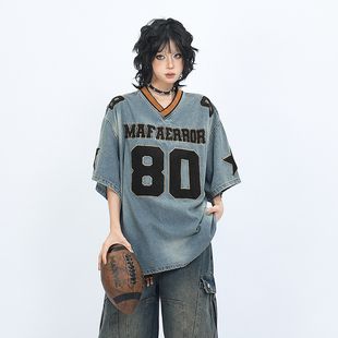 OV原创美式 T恤男女宽松复古V领棒球衣潮 植绒刺绣水洗做旧牛仔短袖