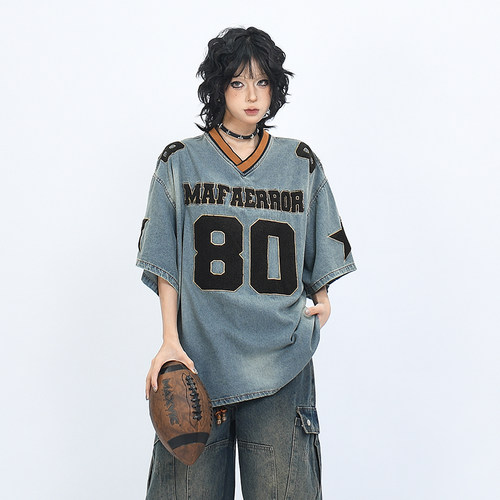 短袖美式水洗做旧牛仔棒球衣T恤
