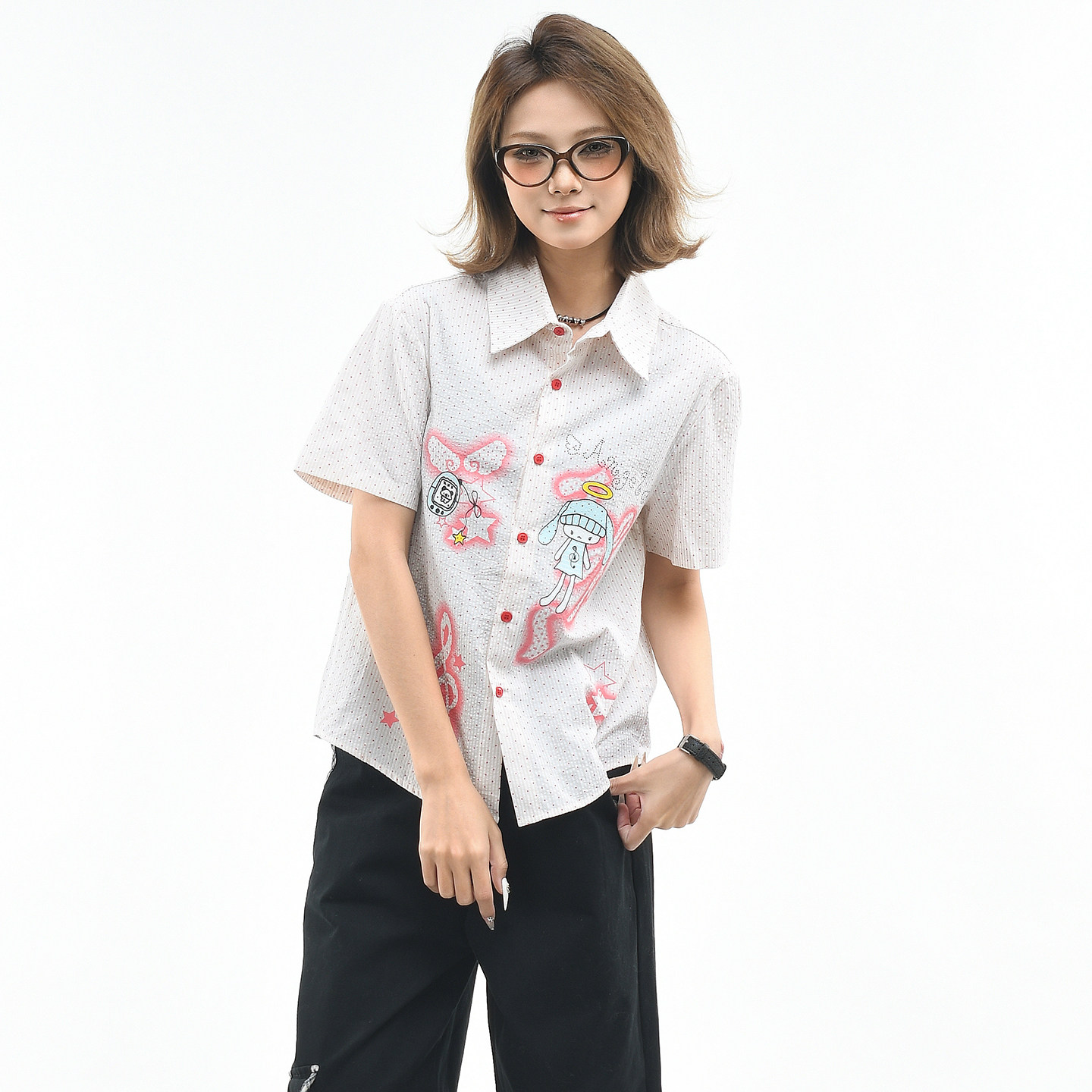 OV原创趣味卡通动漫印花正肩短袖衬衫女夏季宽松短款显瘦休闲衬衣
