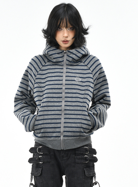 OV原创美式复古条纹加绒短款连帽卫衣女冬季休闲百搭保暖开衫外套