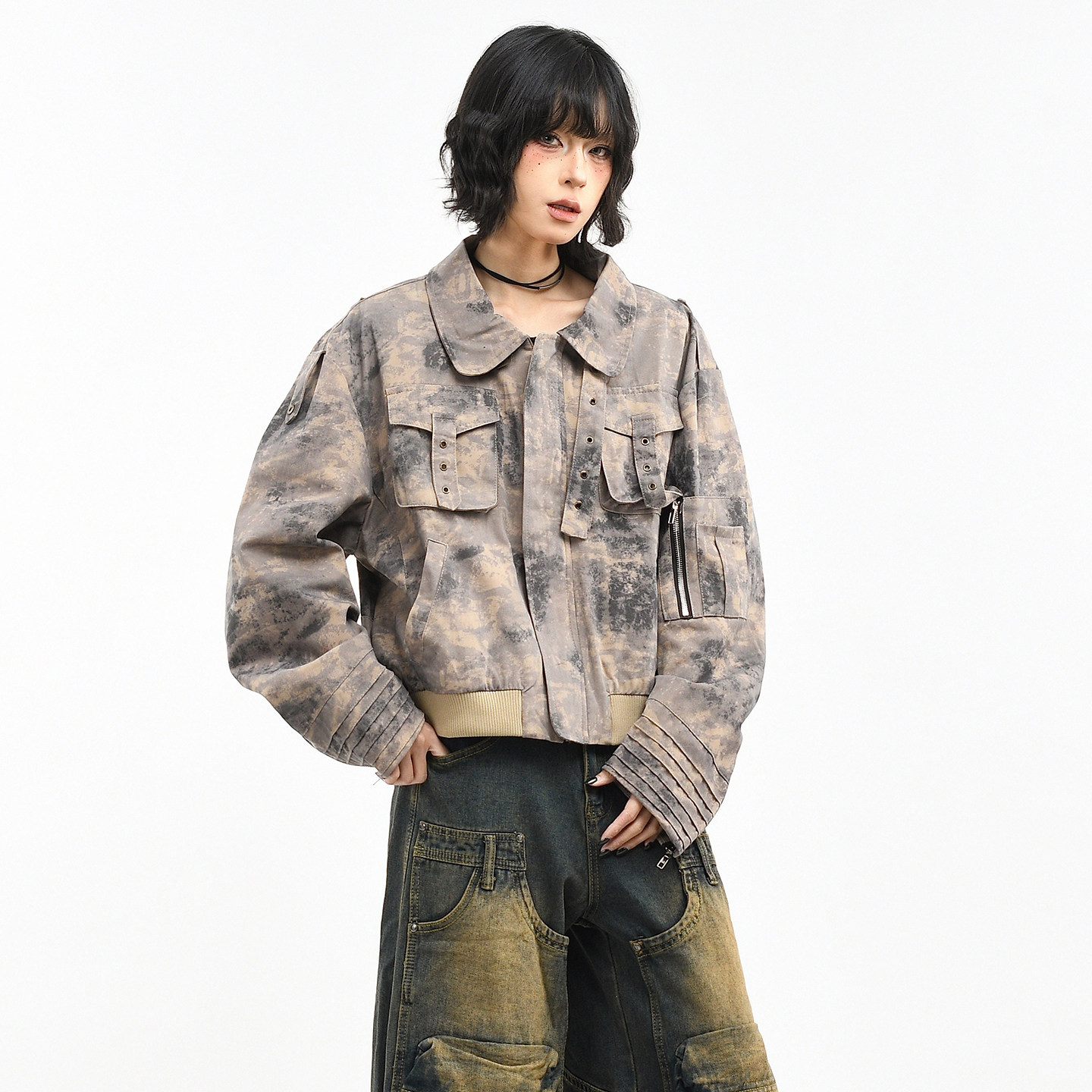 OV原创高街亚文化扎染水洗翻领外套女春季宽松短款廓形工装夹克潮,女装/女士精品,短外套,淘宝优惠券,粉丝福利购,淘宝优惠卷