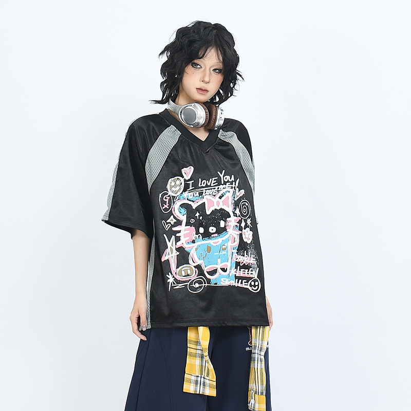 短袖美式趣味卡通涂鸦V领T恤球衣