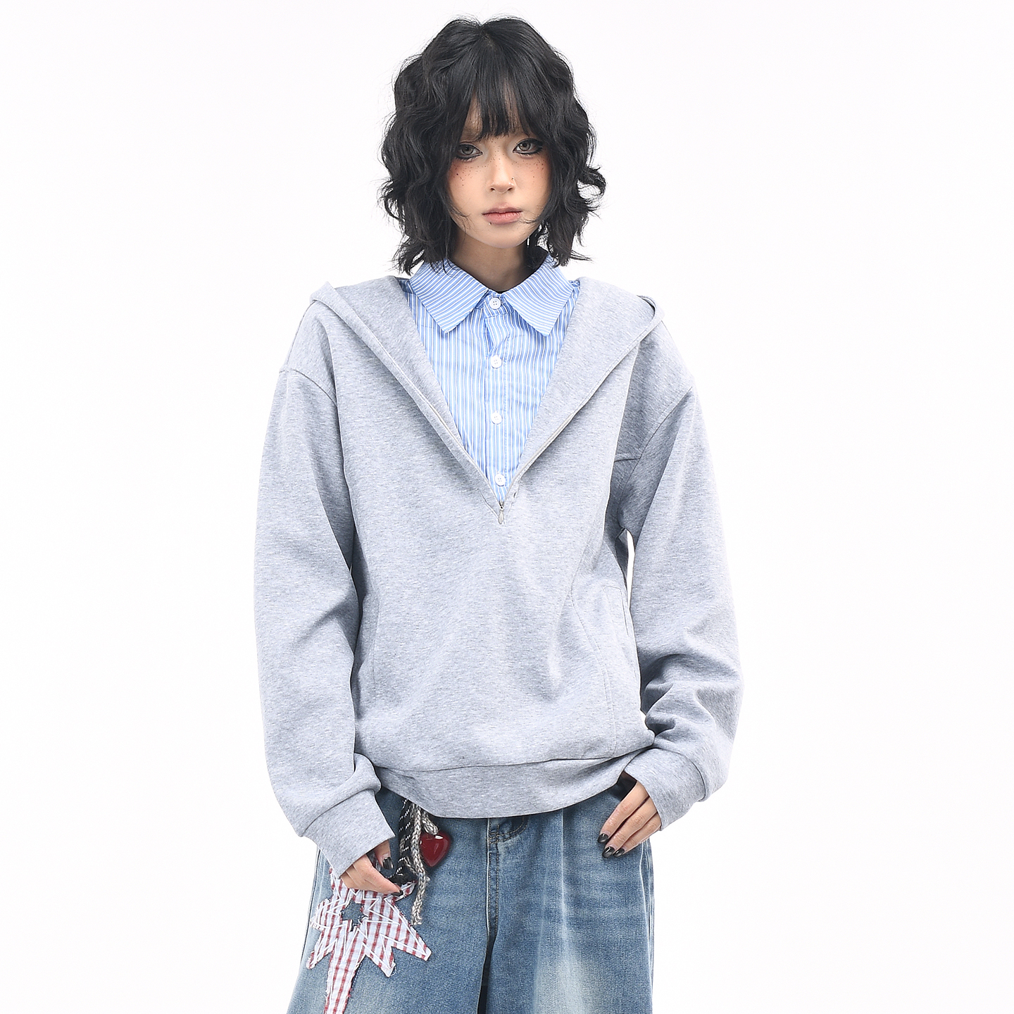 OV原创美式学院风假两件连帽卫衣