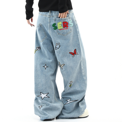 宽松长裤美式趣味蝴蝶刺绣牛仔裤