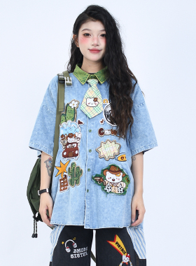 OV原创夏季卡通贴布刺绣做旧水洗牛仔衬衫男女宽松短袖领带衬衣潮