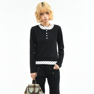 短款 OV原创美式 修身 T恤女春季 显瘦上衣 y2k波点拼接设计假两件长袖