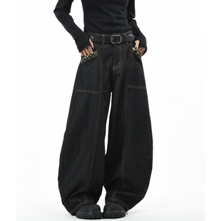 男女解构宽松阔腿弯刀长裤 子 潮牌十字架刺绣水洗牛仔裤 OV原创美式