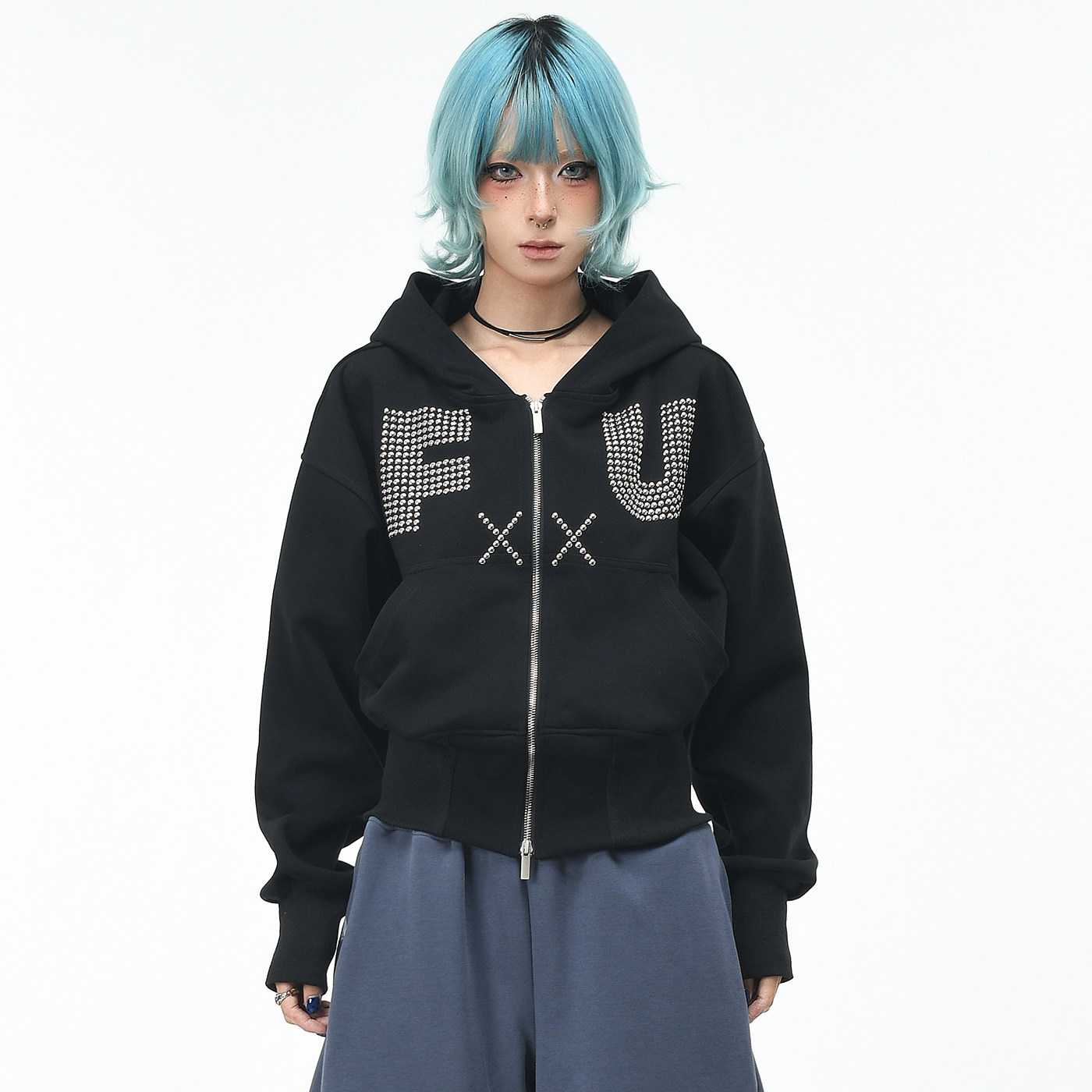 OV原创美式高街加宽螺纹收腰连帽卫衣女秋季宽松短款铆钉开衫外套