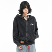 显瘦收腰开衫 连帽卫衣女春季 外套 做旧水洗加宽螺纹短款 OV原创美式