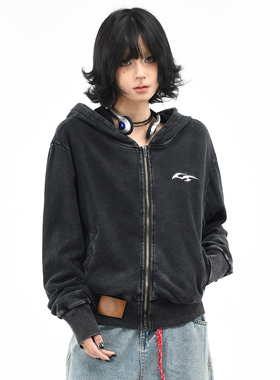 OV原创美式做旧水洗加宽螺纹短款连帽卫衣女秋季显瘦收腰开衫外套