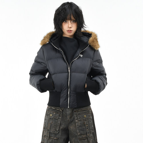 原创美式可拆卸毛领白鸭绒羽绒服