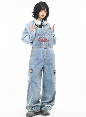 OV原创美式花卉刺绣水洗做旧牛仔背带裤女复古宽松阔腿工装长裤男