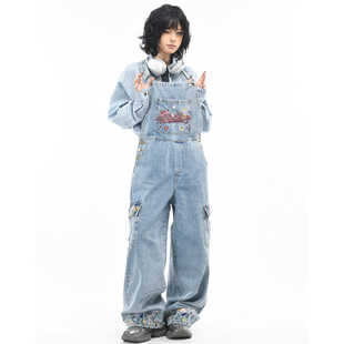 OV原创美式花卉刺绣水洗做旧牛仔背带裤女复古宽松阔腿工装长裤男