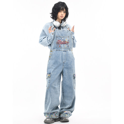 原创美式花卉刺绣水洗牛仔背带裤