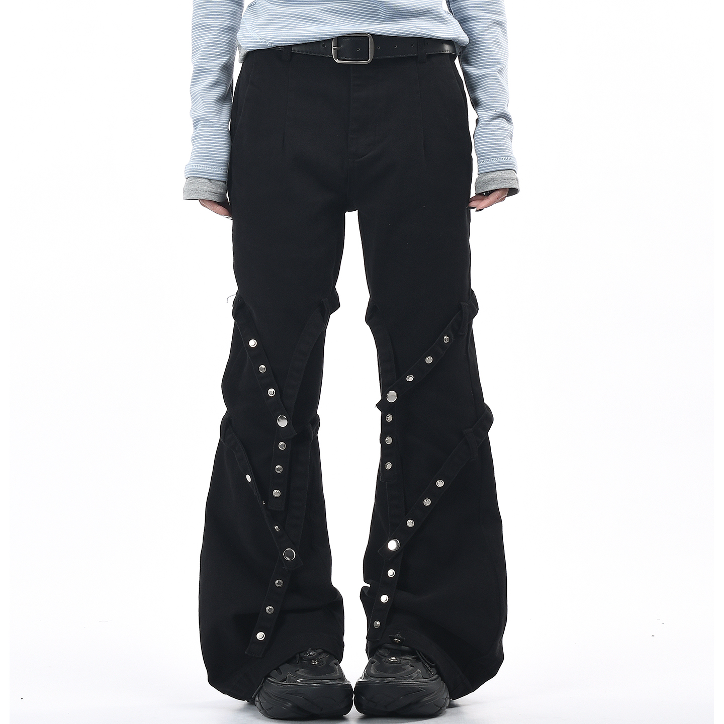 中腰美式长裤铆钉绑带微喇休闲裤