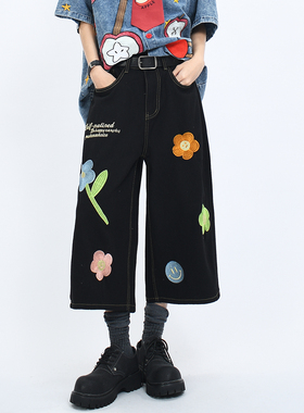 OV原创美式七分裤花朵重工刺绣水洗牛仔裤男女夏季复古宽松短裤潮