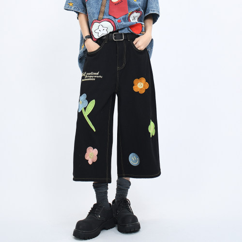 宽松七分裤花朵刺绣水洗牛仔裤潮