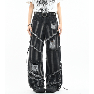 男女轻亚宽松直筒毛边破坏长裤 朋克铆钉做旧水洗牛仔裤 OV原创美式