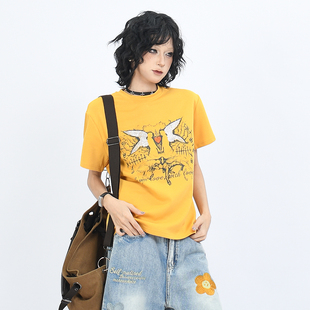 短款 OV原创美式 y2k修身 复古正肩烫钻设计短袖 显瘦上衣潮 T恤女夏季