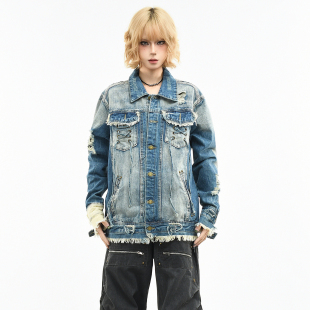 OV原创美式 宽松毛边水洗夹克男潮 亚文化磨破洞做旧牛仔外套女春季