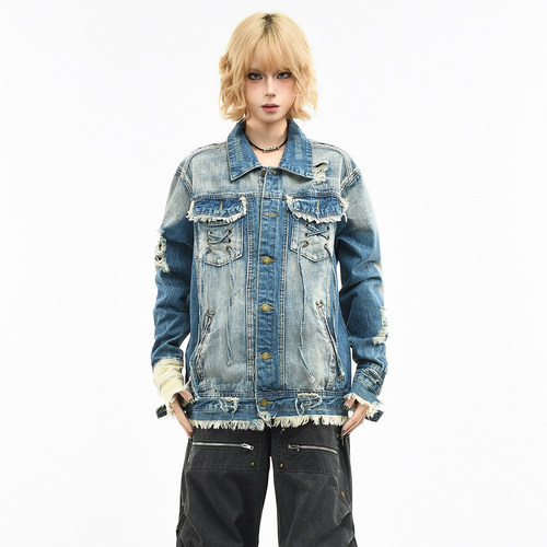 原创美式亚文化破洞做旧牛仔外套