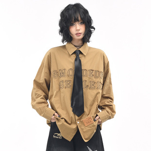 OV原创美式复古格子贴布绣长袖衬衫女秋季宽松领带设计休闲衬衣男