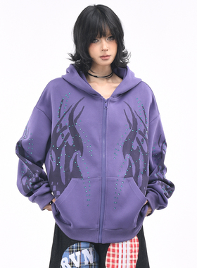 OV原创美式复古图腾烫钻设计连帽卫衣女秋季宽松拉链情侣开衫外套