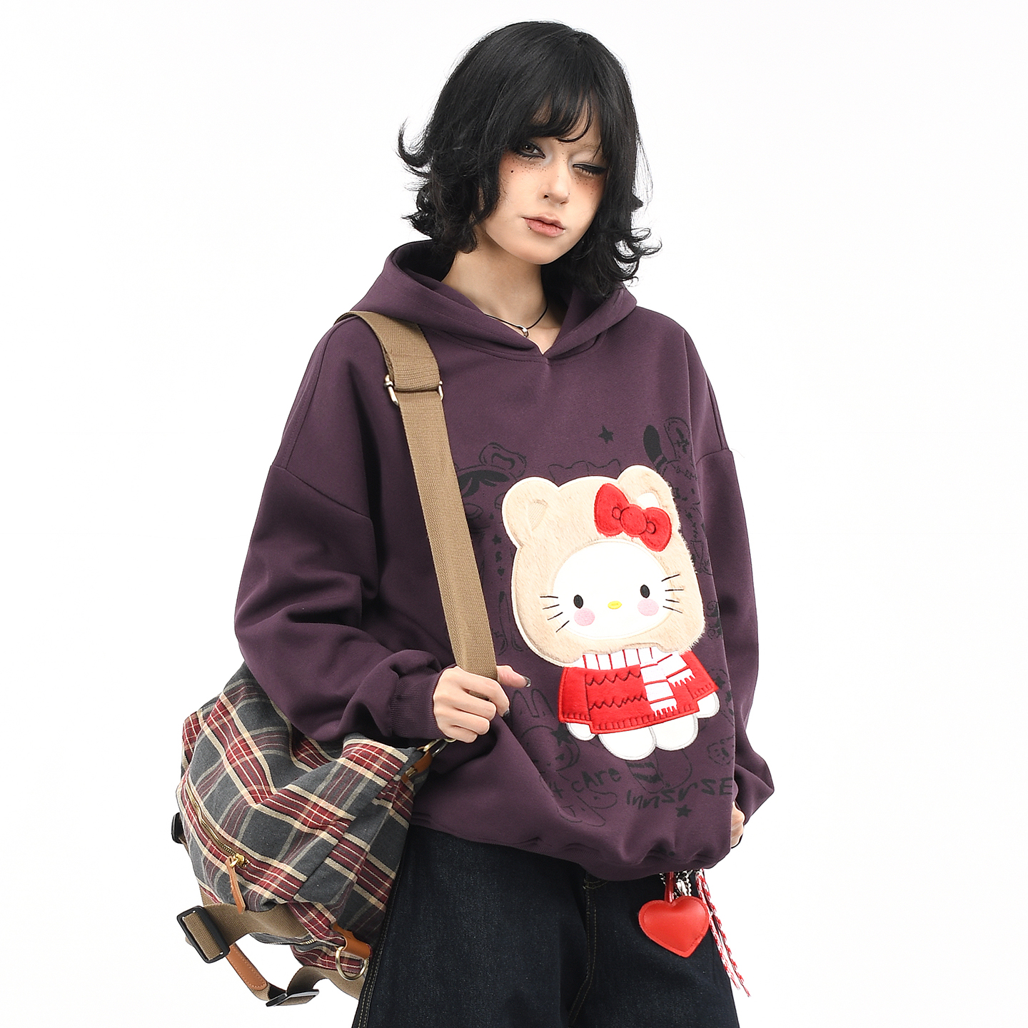 趣味卡通KT猫毛茸茸刺绣连帽卫衣