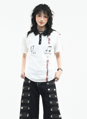 OV原创美式复古撞色短袖POLO衫男女夏季音符印花插肩袖情侣上衣潮