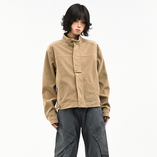 OV原创美式巴恩风皮绒立领外套女春季宽松短款哈灵顿复古夹克上衣