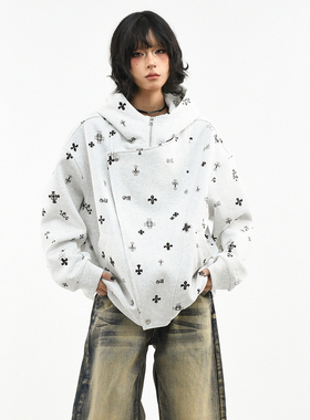 OV原创美式哥特风十字架满印连帽卫衣女春季宽松拉链开衫外套男潮