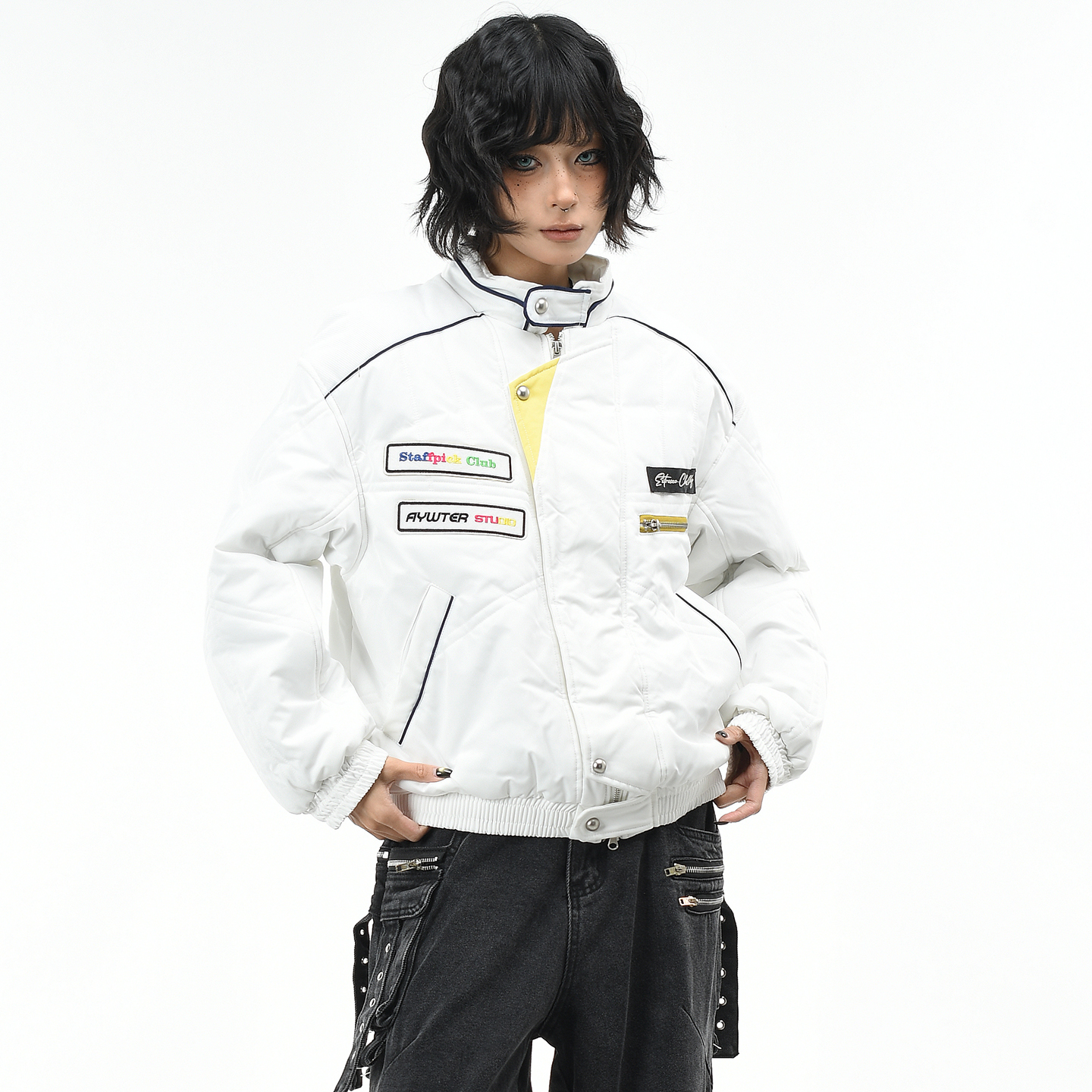 原创美式复古徽章刺绣赛车棉服潮