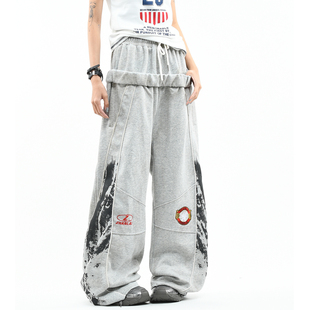 OV原创高街风双腰头脏染水洗休闲卫裤 子 男女宽松赛车主题跳舞长裤