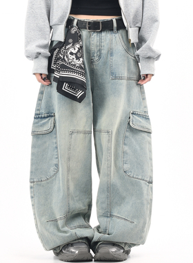 OV原创美式水洗大口袋工装牛仔裤男女丝巾挂件设计宽松阔腿弯刀裤
